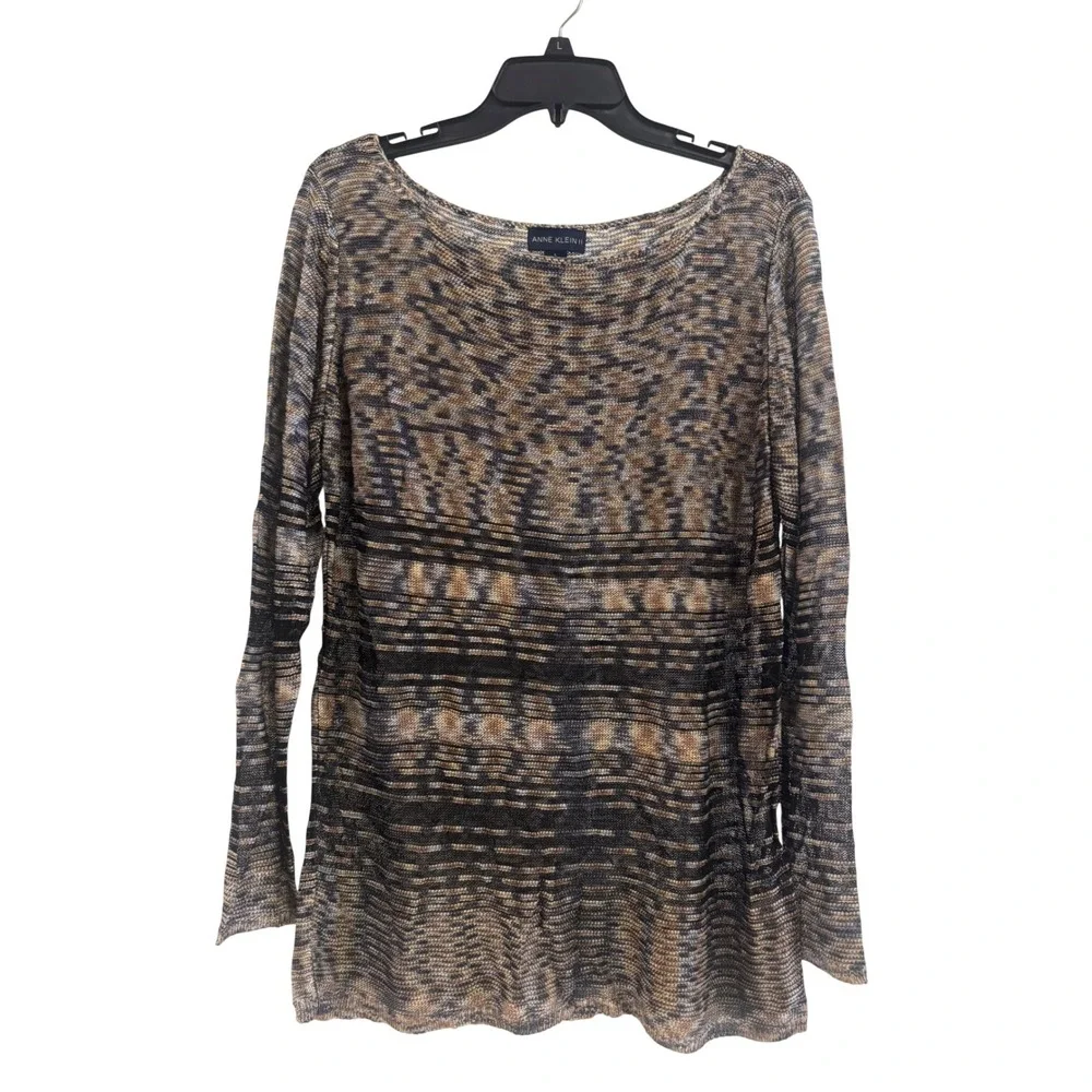 Anne Klein II Brown Tan Striped Knit Sweater Boat Neck Rayon Top Womens Large